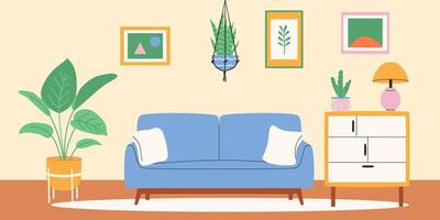 interieur van leven kamer met sofa en macrame fabriek. vector illustratie.