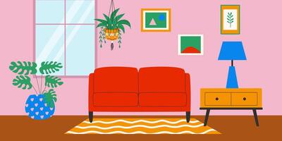 interieur van leven kamer met venster en planten. vector illustratie.