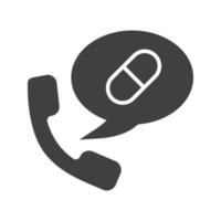 drugs telefoon bestellen glyph pictogram. silhouet symbool. apotheek bellen. handset met pil. negatieve ruimte. vector geïsoleerde illustratie