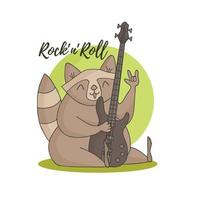 grappige schattige wasbeer met een basgitaar. belettering rock and roll op de achtergrond van een groene cirkel. vector