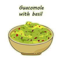 kom van guacomole met basilicum. een type van guacomole. hand- getrokken sticker bord van guacamole, vector illustratie in tekening stijl