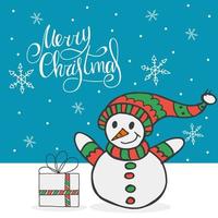een sneeuwpop in een rode en groene muts en sjaal met een cadeau op de achtergrond van vallende sneeuwvlokken. handgeschreven letters - vrolijk kerstfeest. gelukkig nieuwjaar 2022. handgetekende doodle. vector