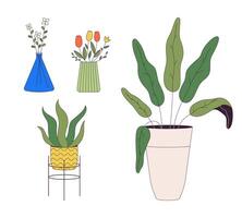 ingemaakt kamerplanten en bloem boeketten 2d lineair tekenfilm voorwerpen set. planten in huis interieur geïsoleerd lijn vector elementen wit achtergrond. bloemen decor kleur vlak plek illustratie verzameling