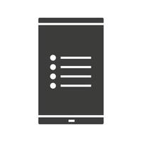 smartphone glyph menupictogram. silhouet symbool. slimme telefoon met menu met vier regels. negatieve ruimte. vector geïsoleerde illustratie