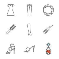 damesaccessoires lineaire pictogrammen instellen. zonnejurk, skinny jeans, scrunchy haar, stijltang en borstel, laars en schoenen met hoge hakken, oorbel. dunne lijn contour symbolen. geïsoleerde vectoroverzichtsillustratie vector