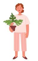 een tuinman meisje met een pot van een kamerplant in haar handen. monstera. vector