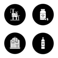 huisdieren levert glyph pictogrammen instellen. kattenboomhut, diergeneeskunde, vogelkooi, huisdierenshampoo. vector witte silhouetten illustraties in zwarte cirkels