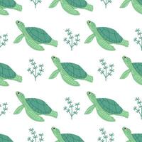 schattig hand getekend gekleurde marinier groen schildpad, naadloos patroon in vlak stijl, oceaan aquatisch onderwater- kawaii vector. vector tekenfilm illustratie Aan wit achtergrond.