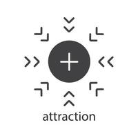 attractie glyph icoon. silhouet symbool. positief geladen elektron. negatieve ruimte. vector geïsoleerde illustratie