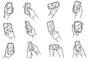 reeks van handen Holding smartphone vector illustratie. inkt pen tekening, technologie. bedrijf concept