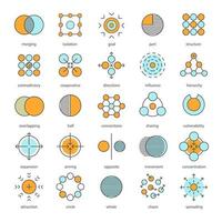 abstracte symbolen kleur pictogrammen instellen. logo-ideeën voor bedrijven, wetenschap, it-industrieën. helft, verbindingen, delen, uitbreiden, tegengesteld, beweging, concentratie, spreiding. geïsoleerde vectorillustraties vector