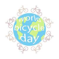 fietsen rijden Aan de planeet aarde. vakantie wereld fiets dag. contour ecologisch vervoer. wielersport in de omgeving van de wereld. ansichtkaart sjabloon. vector illustratie.