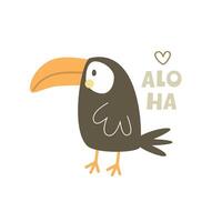 aloha. tekenfilm toekan, decor elementen, watermeloen, ananas, tropisch bladeren, hand- tekening belettering. kleurrijk zomer vector illustratie, vlak stijl. tekening zin. ontwerp voor afdrukken, groet kaart,