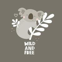 wild en vrij. tekenfilm koala, hand- tekening belettering. vlak stijl, kleurrijk vector voor kinderen. baby ontwerp voor kaarten, poster decoratie, afdrukken