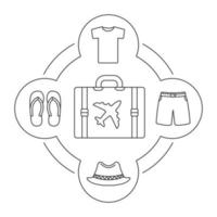 toerist koffer inhoud lineaire pictogrammen instellen. shirt, zwembroek, homburg hoed, teenslippers. geïsoleerde vectorillustraties vector