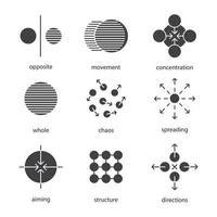 abstracte symbolen glyph pictogrammen instellen. silhouet symbolen. tegenovergestelde, beweging, concentratie, geheel, chaos, verspreiding, richten, richtingen, structuur. vector geïsoleerde illustratie