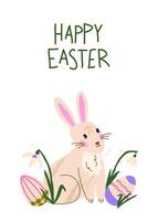 schattig Pasen kaart witn konijn, Pasen eieren, sneeuwklokjes. gelukkig Pasen - handgeschreven belettering. vector verticaal kaart voor poster, kaart, scrapbooken, stickers