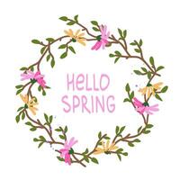 schattig kaart witn voorjaar krans en wilde bloemen. Hallo voorjaar - handgeschreven belettering. vector ontwerp sjabloon voor banier, poster, kaart