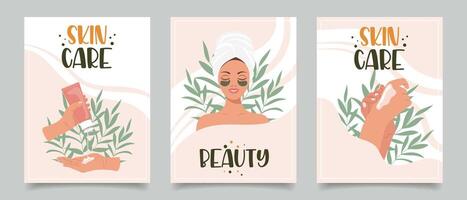 reeks van flyers met vrouw, cosmetica, schoonheid producten. schoonheid, huid zorg, cosmetica, douche concept. illustratie voor banier, kaart, reclame, poster. vector