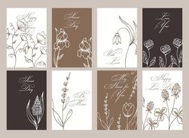 reeks van botanisch kaarten, affiches. lineair bloemen en planten in beige kleuren. Sjablonen, vector