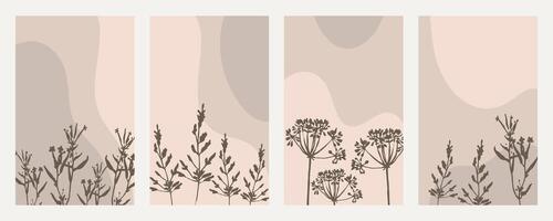 reeks van botanisch kaarten, affiches. silhouet van wild bloemen en planten in beige kleuren. Sjablonen, vector