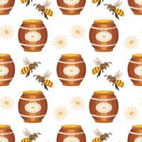 naadloos patroon, houten vaten met honing, bijen en bloemen. achtergrond, afdrukken, vector