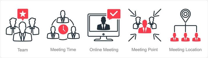 een reeks van 5 vergadering pictogrammen net zo team, vergadering tijd, online vergadering vector