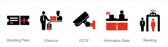 een reeks van 5 luchthaven pictogrammen net zo instappen slagen voor, controleren in, cctv vector