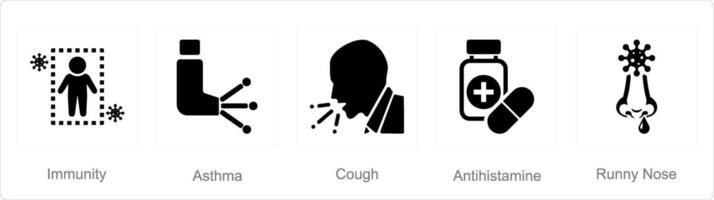 een reeks van 5 allergie pictogrammen net zo immuniteit, astma, hoesten vector