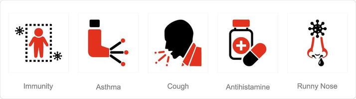 een reeks van 5 allergie pictogrammen net zo immuniteit, astma, hoesten vector