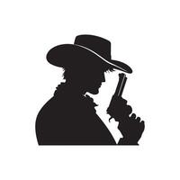 cowboy Holding pistool. zwart vector silhouet logo illustratie ontwerp wit achtergrond