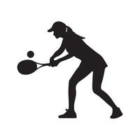meisje tennis speler zwart vector silhouet illustratie vrouw sport- persoon wit achtergrond, racket met een bal