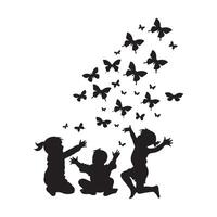 kinderen spelen met vlinder. zwart vector silhouet illustratie wit achtergrond