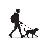 hond eigenaar wandelen huisdier in park met halsband touw spelen zwart vector silhouet illustratie logo wit achtergrond