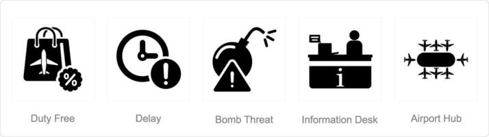 een reeks van 5 luchthaven pictogrammen net zo plicht vrij, vertraging, bom bedreiging vector