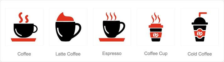 een reeks van 5 koffie pictogrammen net zo koffie, latte koffie, espresso vector
