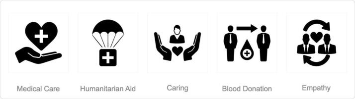 een reeks van 5 liefdadigheid en donatie pictogrammen net zo medisch zorg, humanitair hulp, zorgzaam vector