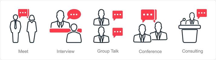 een reeks van 5 vergadering pictogrammen net zo voldoen aan, interview, groep praten vector