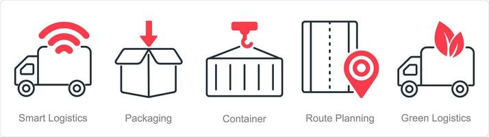 een reeks van 5 logistiek pictogrammen net zo slim logistiek, verpakking, houder vector