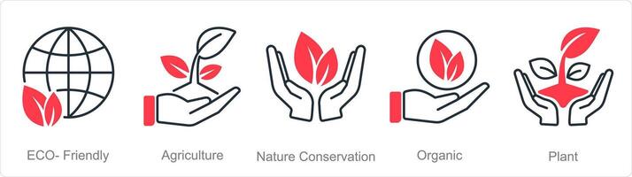 een reeks van 5 biologische landbouw pictogrammen net zo milieuvriendelijk, landbouw, natuur behoud vector