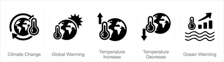 een reeks van 5 klimaat verandering pictogrammen net zo klimaat Wijzigen, globaal opwarming, temperatuur toenemen vector