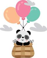 aanbiddelijk panda vliegend in mand met ballonnen vector