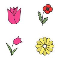 bloemen kleur pictogrammen instellen. rozenknop, papaver, tulp, kamille. geïsoleerde vectorillustraties vector