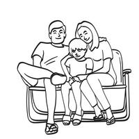 familie van drie zittend Aan sofa illustratie vector hand- getrokken geïsoleerd Aan wit achtergrond