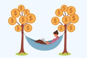 geslaagd vrouw verdient passief inkomen door aan het liegen in hangmat tussen bomen met munten en gebruik makend van laptop vector
