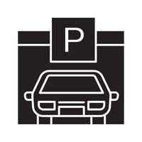 parkeerplaats, parkeerplaats, auto schuur glyph icoon. silhouet symbool. autogarage met p-teken. negatieve ruimte. vector geïsoleerde illustratie