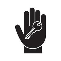 hand met sleutel glyph icoon. aankoop onroerend goed. privé-eigendomseigenaar silhouet symbool. onroerend goed. negatieve ruimte. vector geïsoleerde illustratie