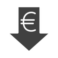 vallende glyph-pictogram van de euro. silhouet symbool. munteenheid van de Europese Unie met pijl-omlaag. negatieve ruimte. vector geïsoleerde illustratie