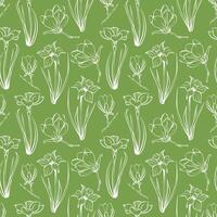 naadloos patroon met voorjaar en zomer kleuren. schets-stijl magnolia en narcis patroon, hand getekend Aan groen achtergrond voor uniek verpakking ontwerpen en bloem winkels. vector