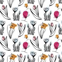 naadloos patroon met voorjaar en zomer kleuren. schets-stijl bloemen patroon, hand getekend Aan wit achtergrond voor uniek verpakking ontwerpen en bloem winkels in wijnoogst stijl vector